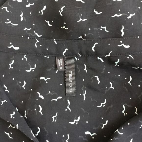 Black semi sheer top with white and green birds all over print v neck floaty szM - Picture 5 of 8